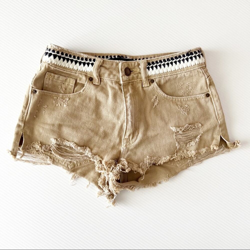 PS Erin Wasson Tan Woven Denim Cut Off Jeans Shorts Size 24